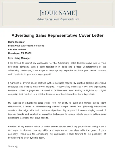 Free Advertising Sales Representative Cover Letter to Edit Online