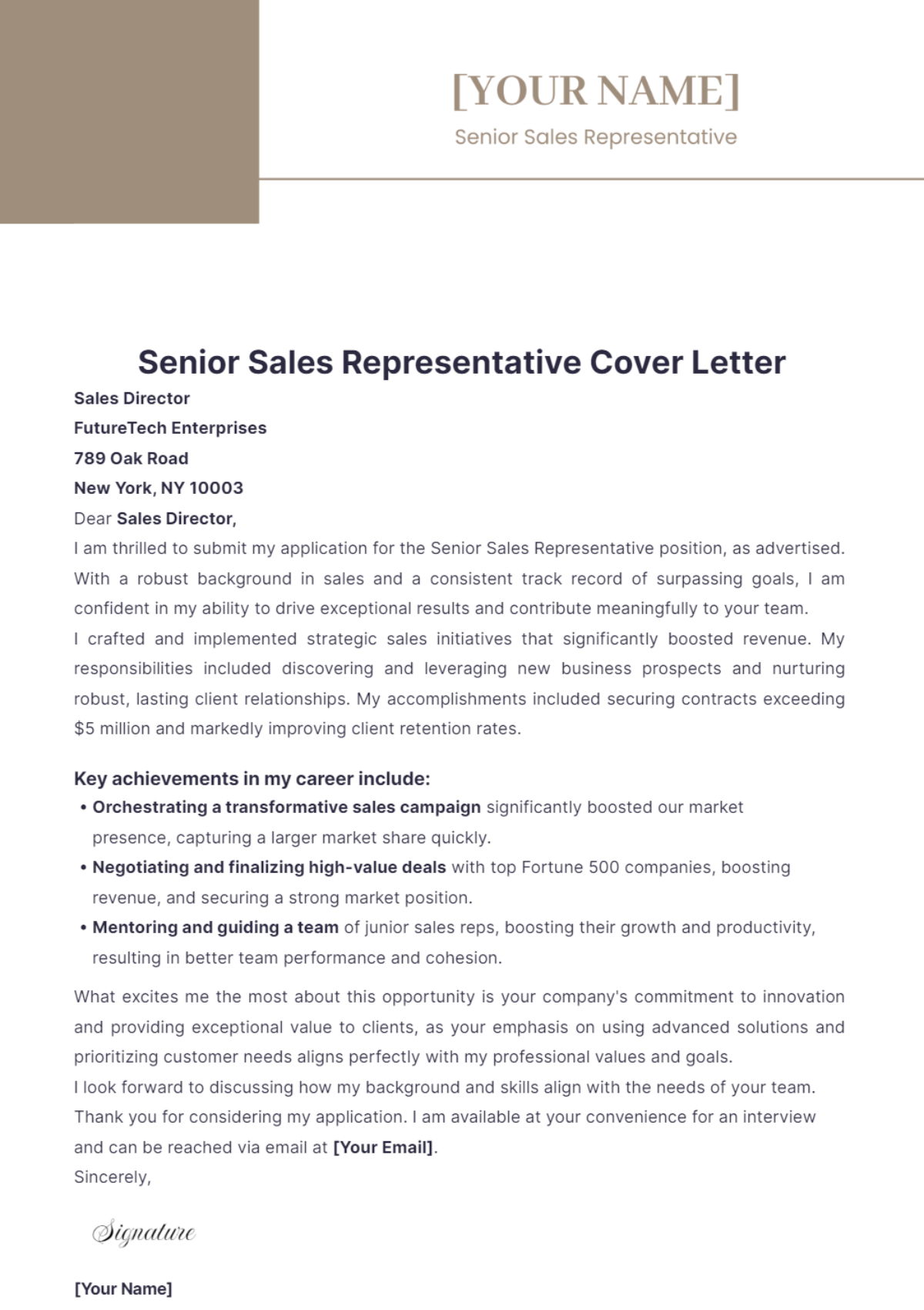 Senior Sales Representative Cover Letter - Edit Online & Download