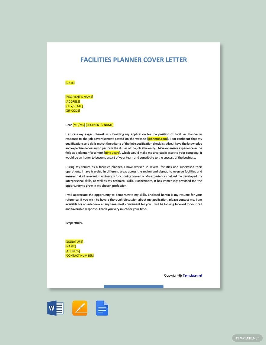 Facilities Planner Cover Letter in Word, Google Docs, PDF, Apple Pages