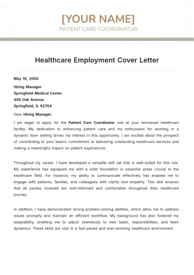 Free Healthcare Employment Cover Letter to Edit Online
