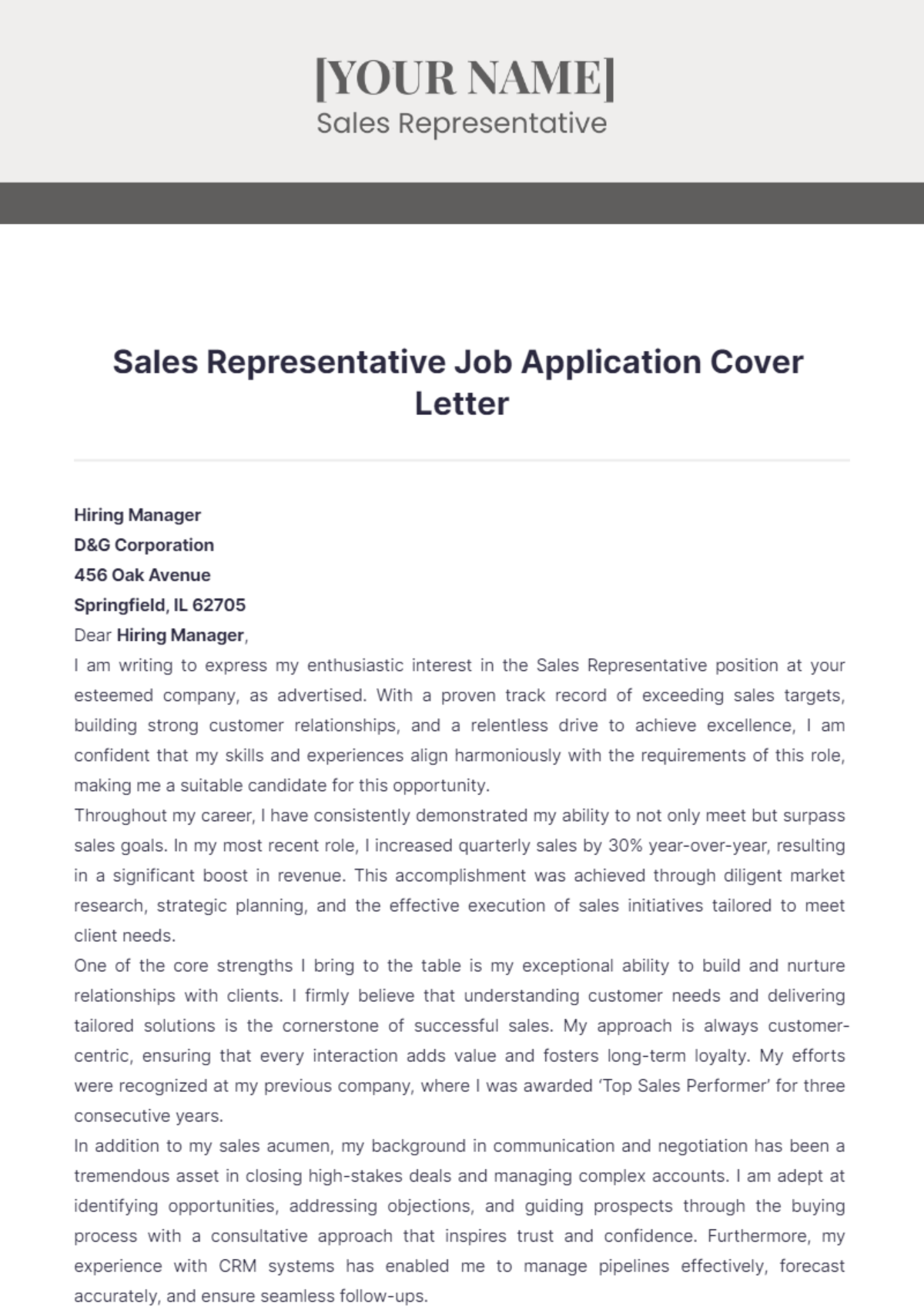 Sales Representative Job Application Cover Letter - Edit Online & Download