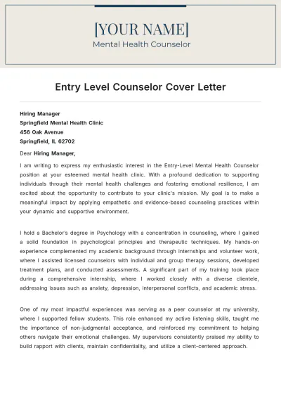Free Entry Level Counselor Cover Letter to Edit Online