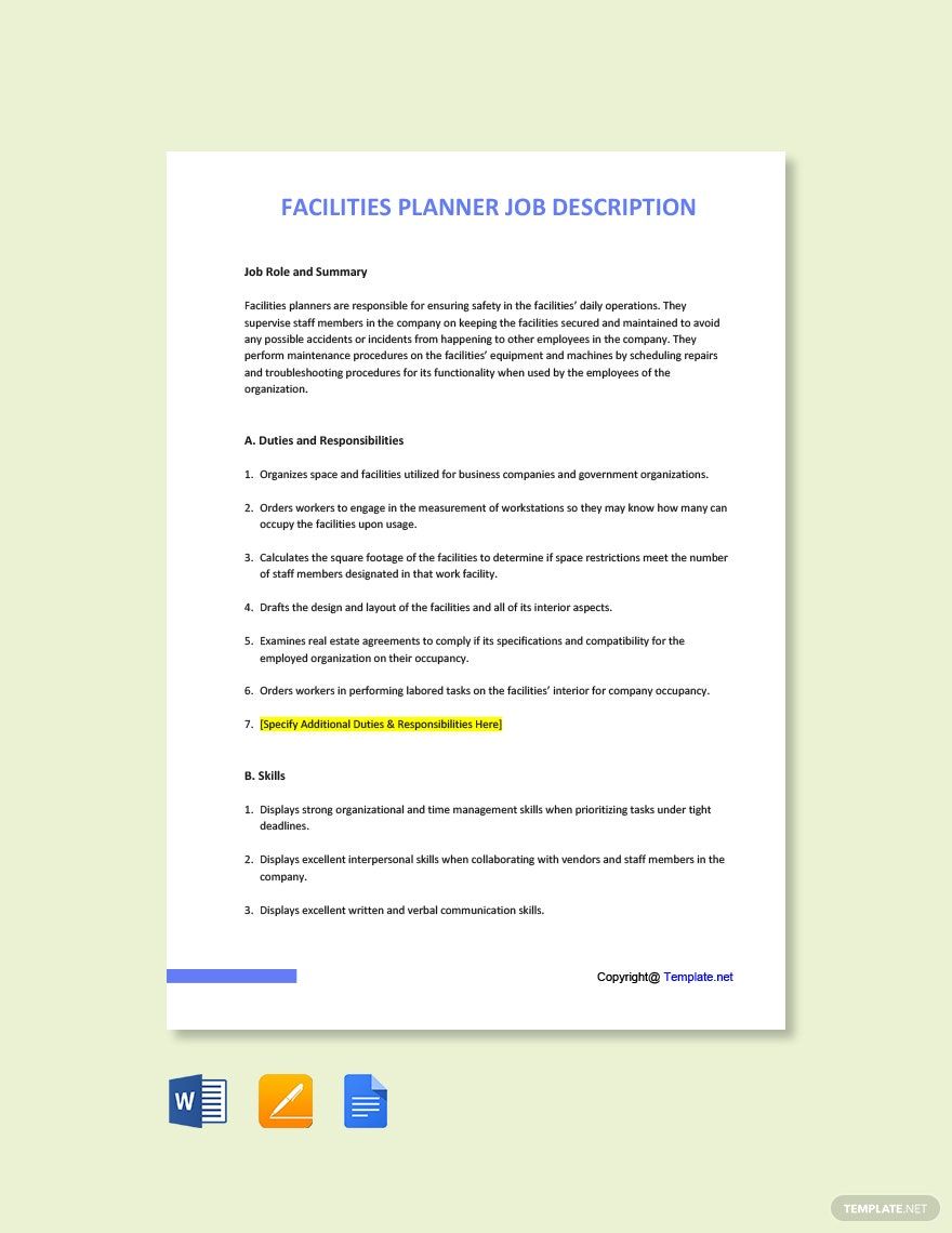 Facilities Planner Job Ad and Description Template