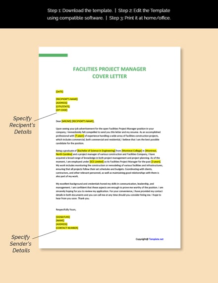 Facilities Project Manager Cover Letter Template