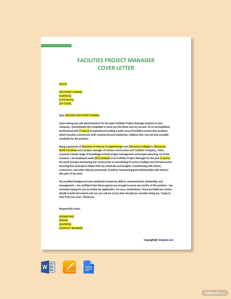 Facilities Project Manager Cover Letter
