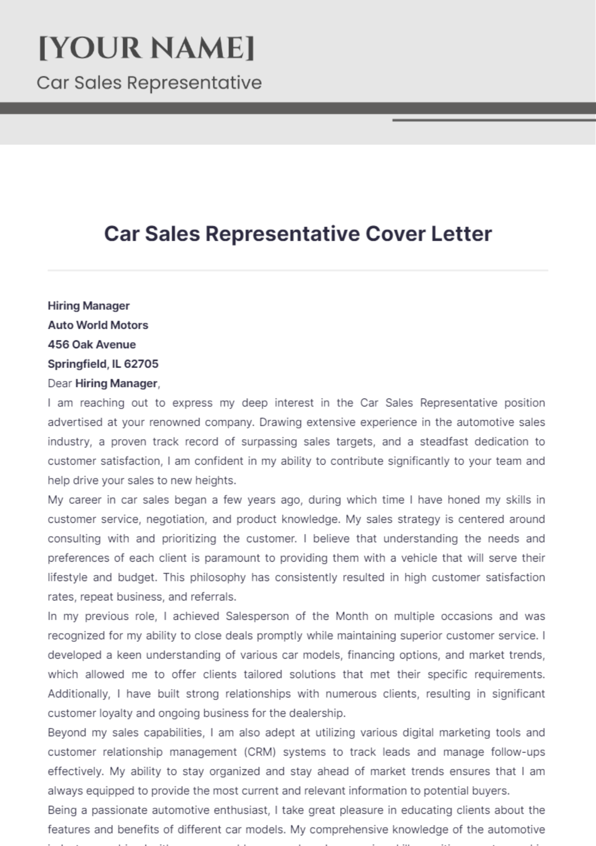 Car Sales Representative Cover Letter - Edit Online & Download