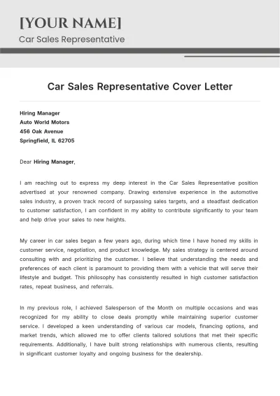 Free Car Sales Representative Cover Letter to Edit Online