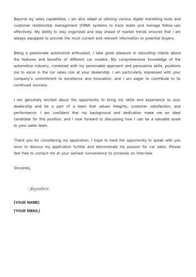 Free Car Sales Representative Cover Letter to Edit Online