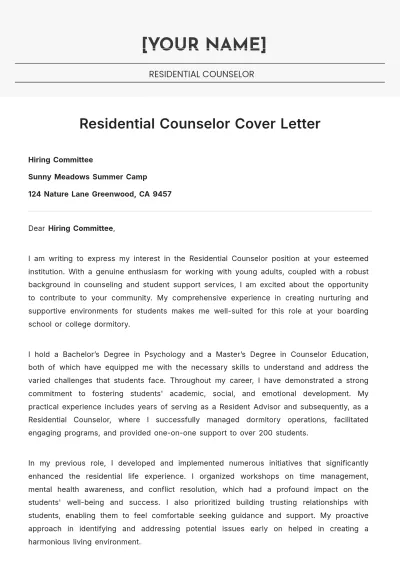 Free Residential Counselor Cover Letter to Edit Online