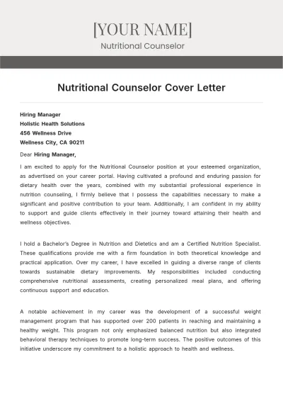 Free Nutritional Counselor Cover Letter to Edit Online