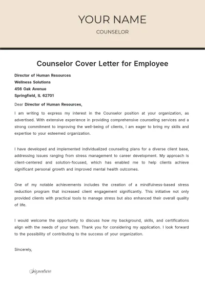 Free Counselor Cover Letter for Employee to Edit Online