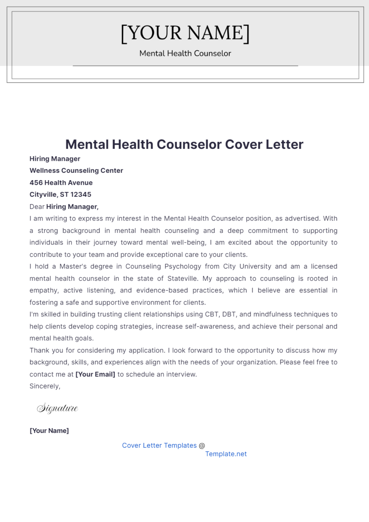 health counselor cover letter