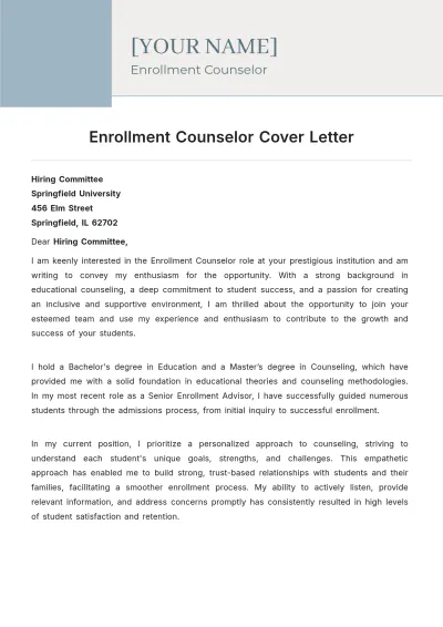 Free Enrollment Counselor Cover Letter to Edit Online