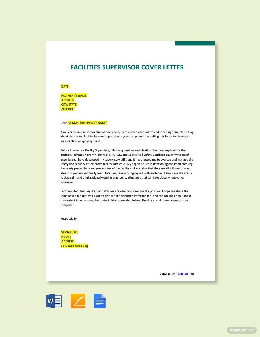 Facilities Supervisor Cover Letter