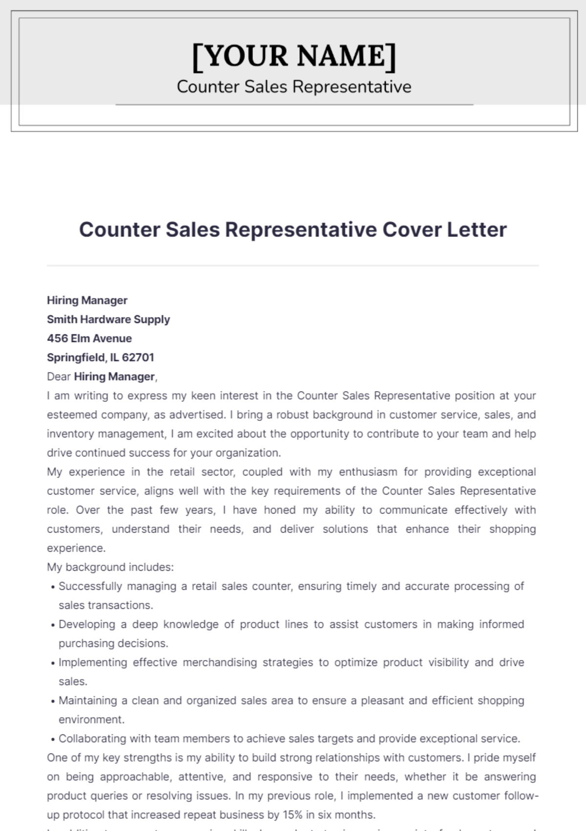 Counter Sales Representative Cover Letter - Edit Online & Download