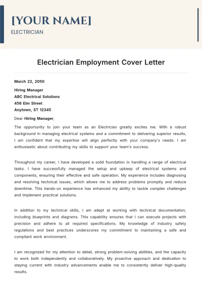 Free Electrician Employment Cover Letter to Edit Online