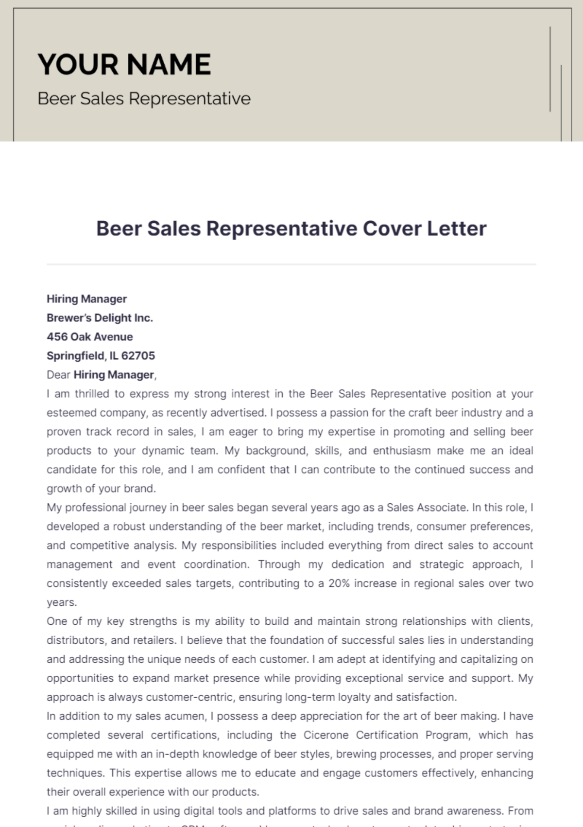 Beer Sales Representative Cover Letter - Edit Online & Download