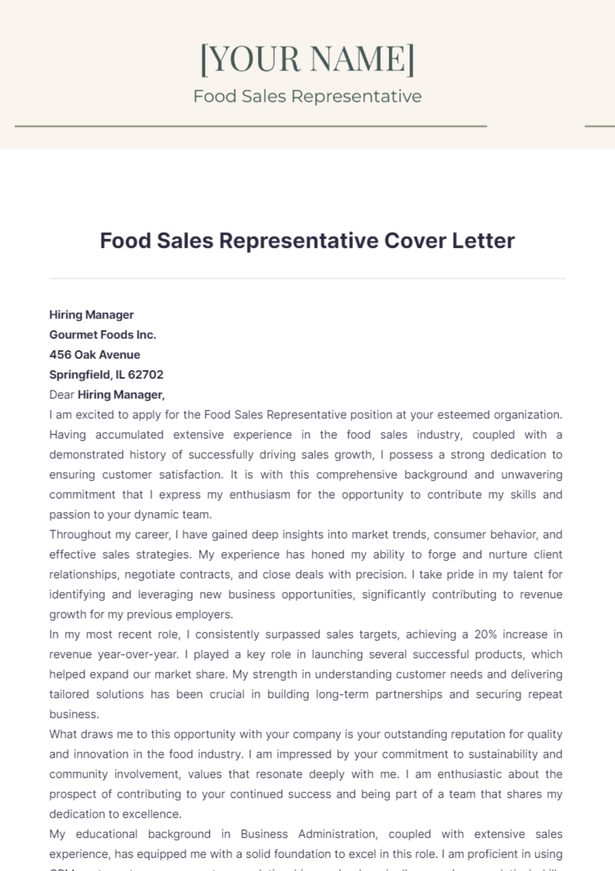 Food Sales Representative Cover Letter - Edit Online & Download