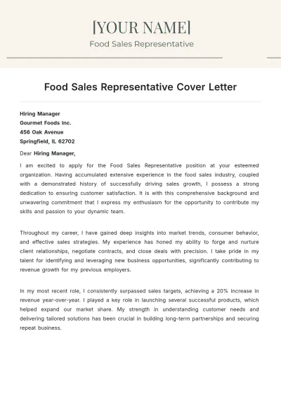Free Food Sales Representative Cover Letter to Edit Online