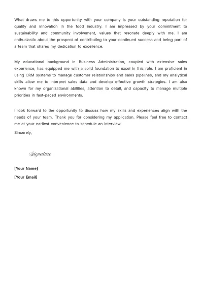 Free Food Sales Representative Cover Letter to Edit Online