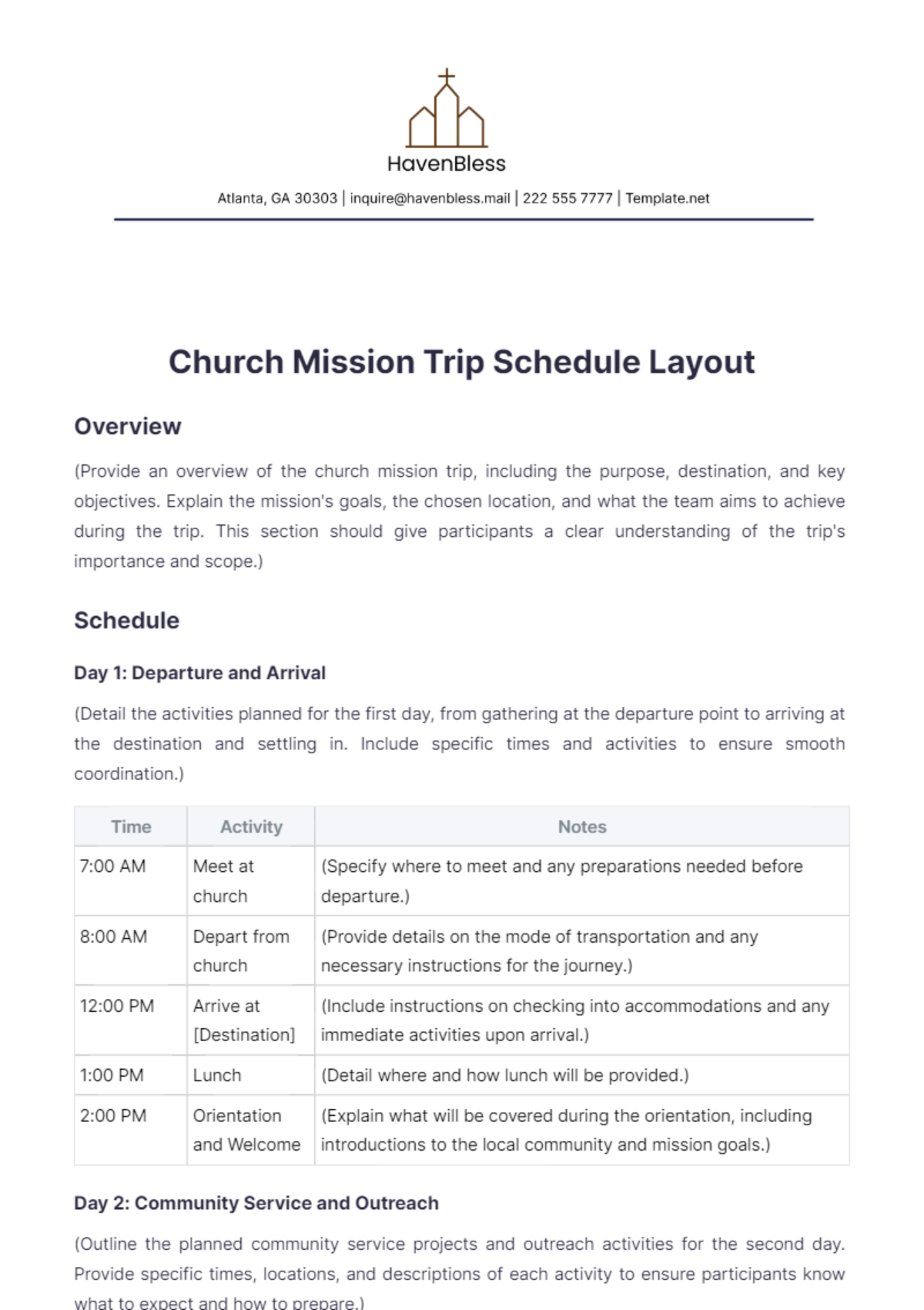 Church Mission Trip Schedule Layout Template - Edit Online & Download