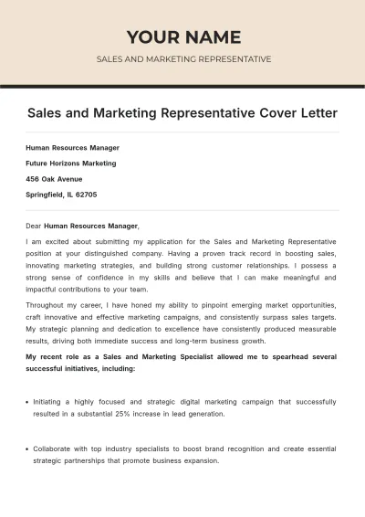 Free Sales and Marketing Representative Cover Letter to Edit Online