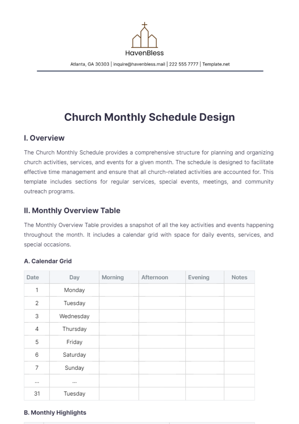 Church Monthly Schedule Design%C2%A0Template - Edit Online & Download