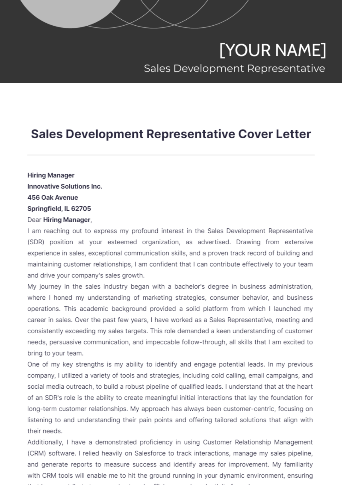 sales development representative cover letter example