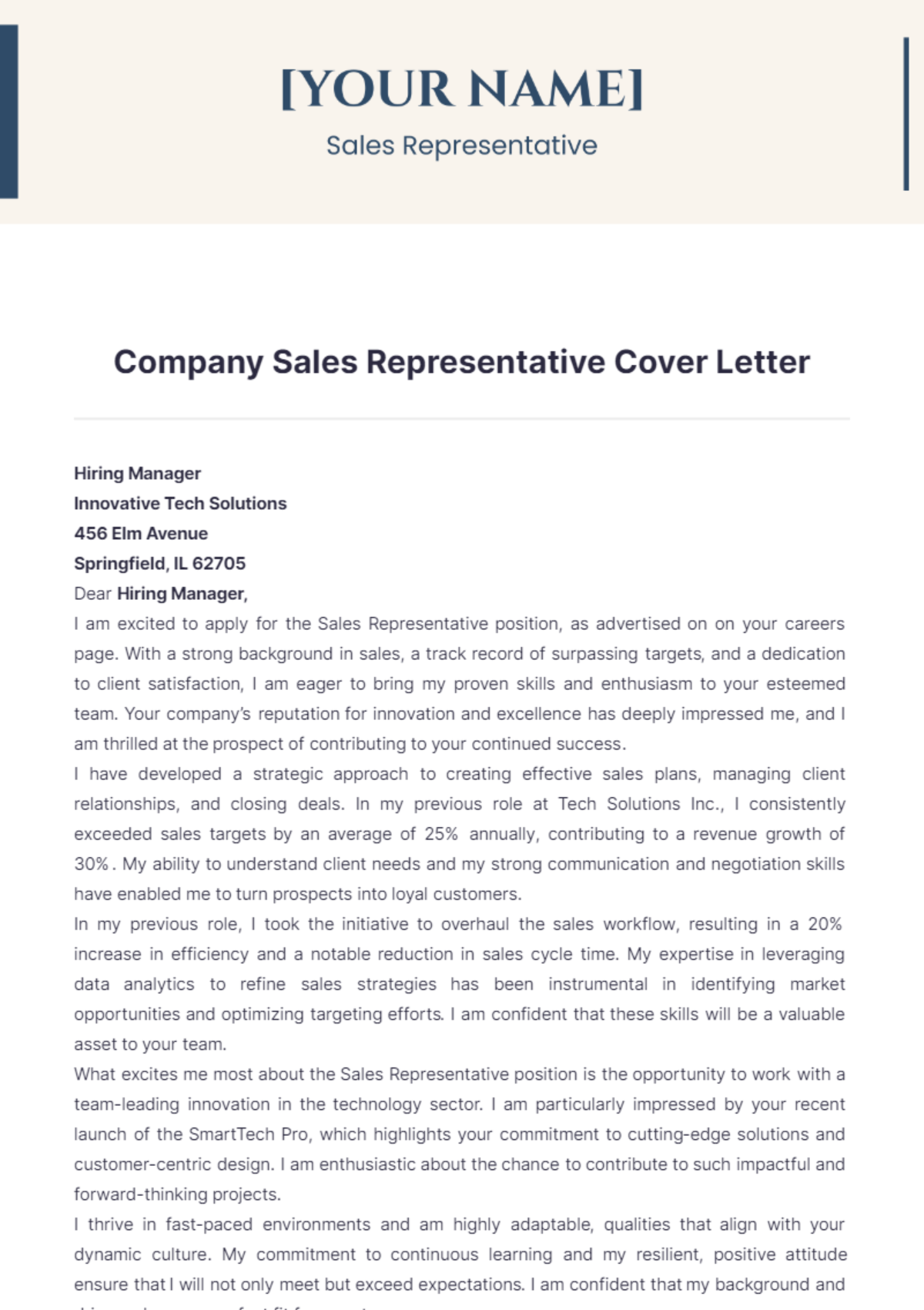 Company Sales Representative Cover Letter - Edit Online & Download