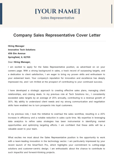 Free Company Sales Representative Cover Letter to Edit Online