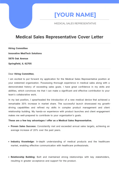 Free Medical Sales Representative Cover Letter to Edit Online
