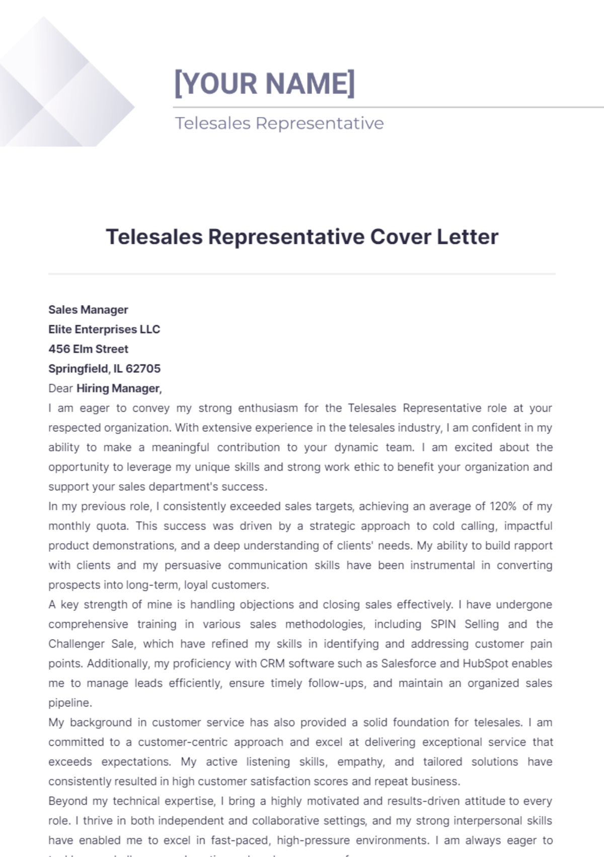 Telesales Representative Cover Letter - Edit Online & Download