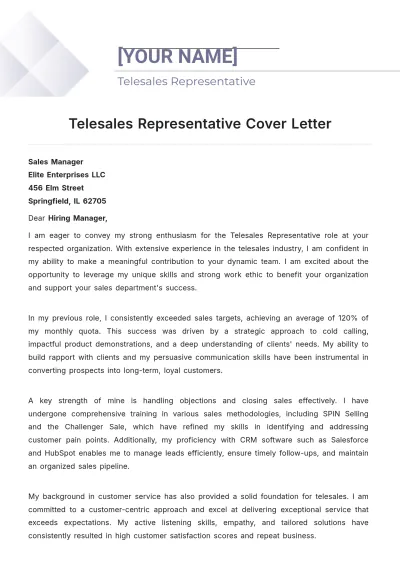 Free Telesales Representative Cover Letter to Edit Online