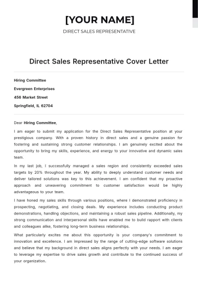 Free Direct Sales Representative Cover Letter to Edit Online