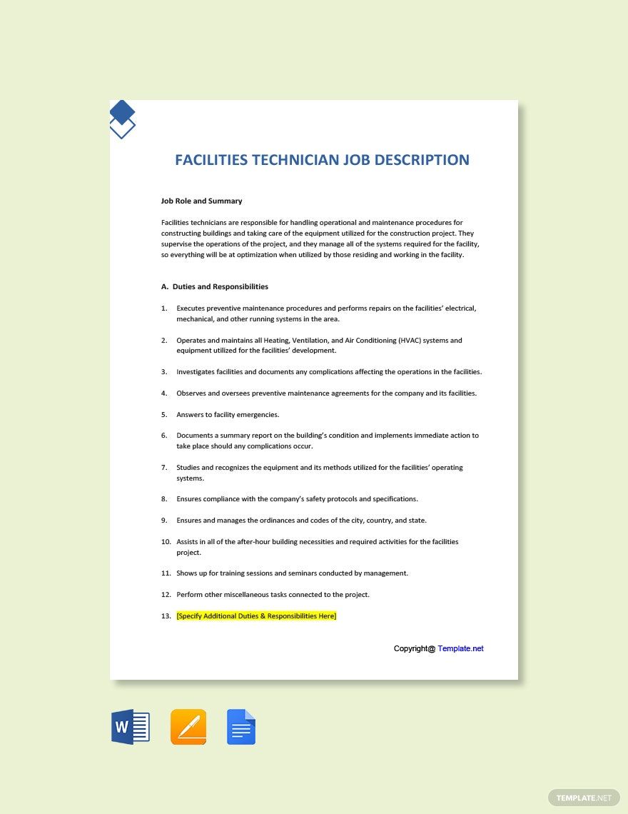 Facilities Technician Job Ad and Description Template