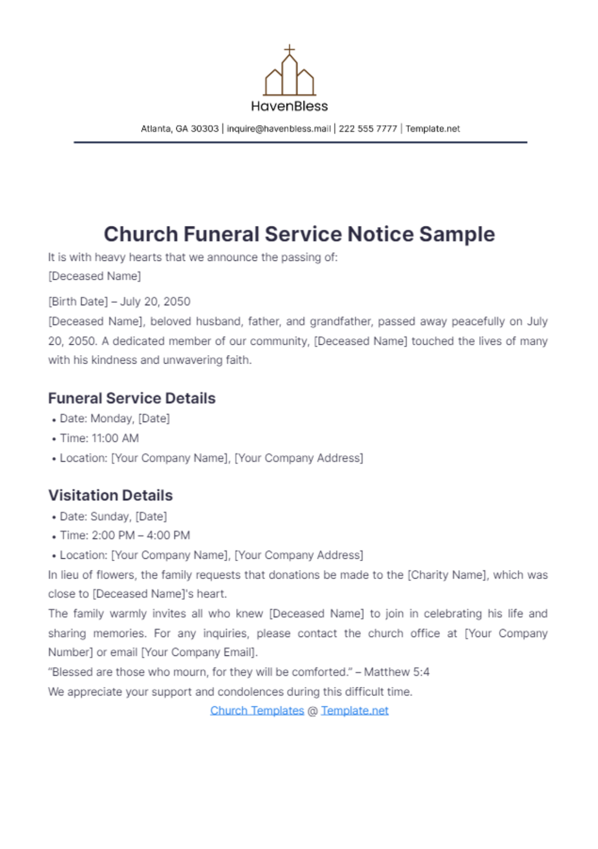 Church Funeral Service Notice Sample Template - Edit Online & Download