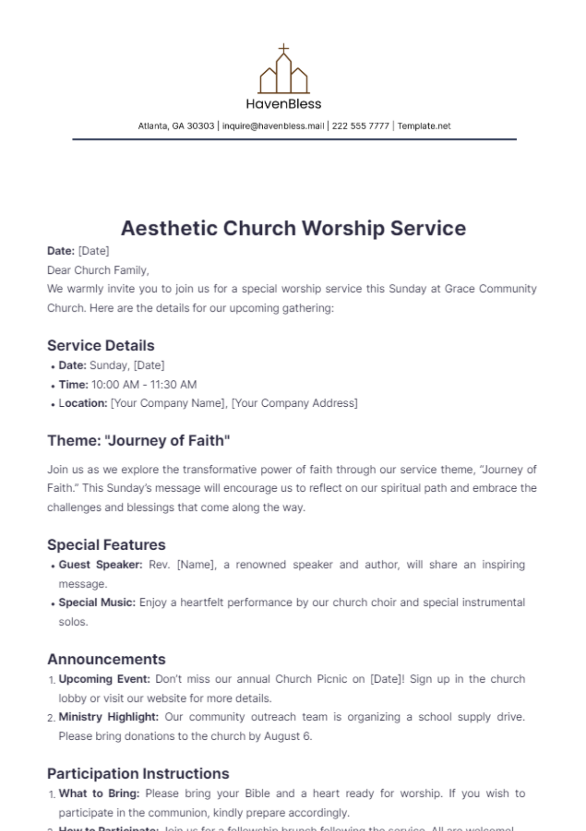 Aesthetic Church Worship Service Notice Template - Edit Online & Download