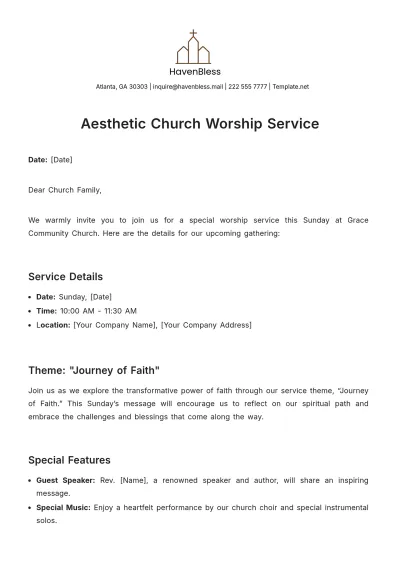 Free Aesthetic Church Worship Service Notice Template to Edit Online