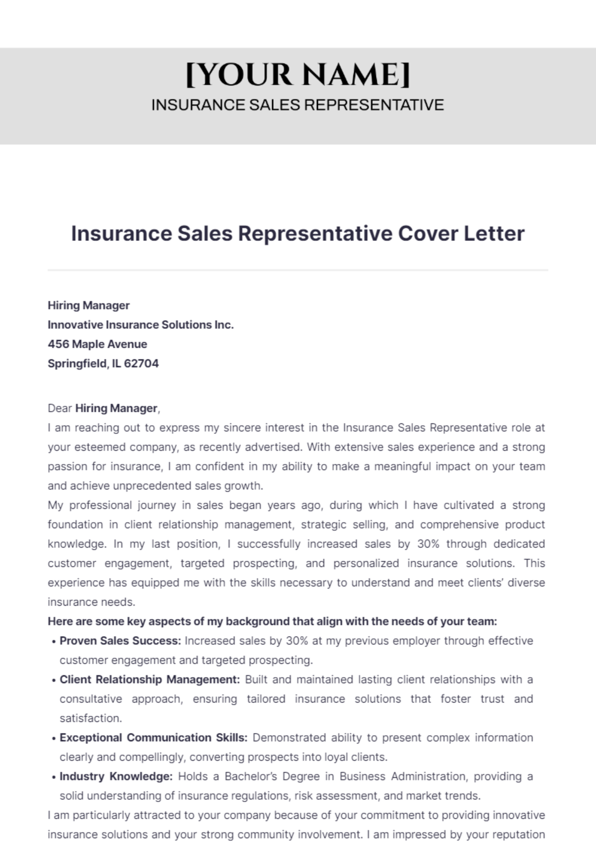 Insurance Sales Representative Cover Letter - Edit Online & Download