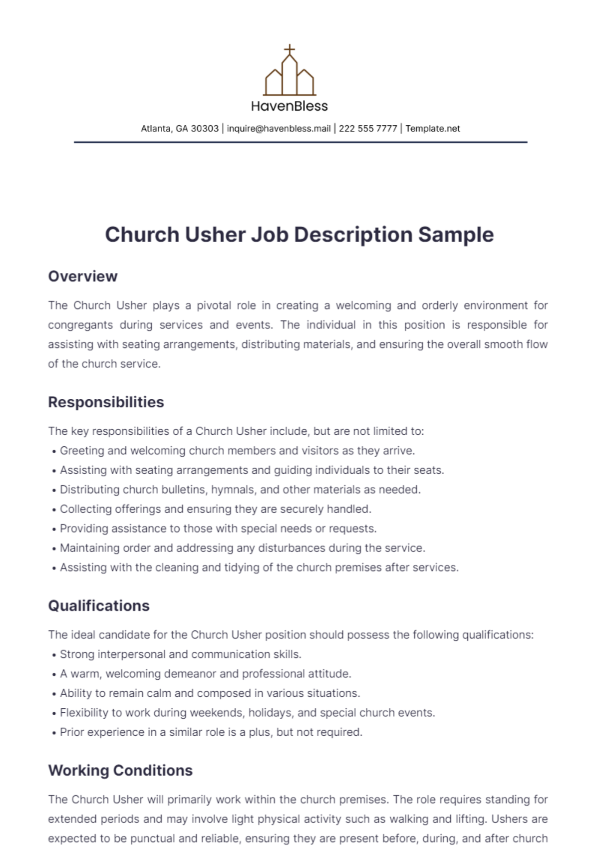 Church Usher Job Description Sample Template - Edit Online & Download