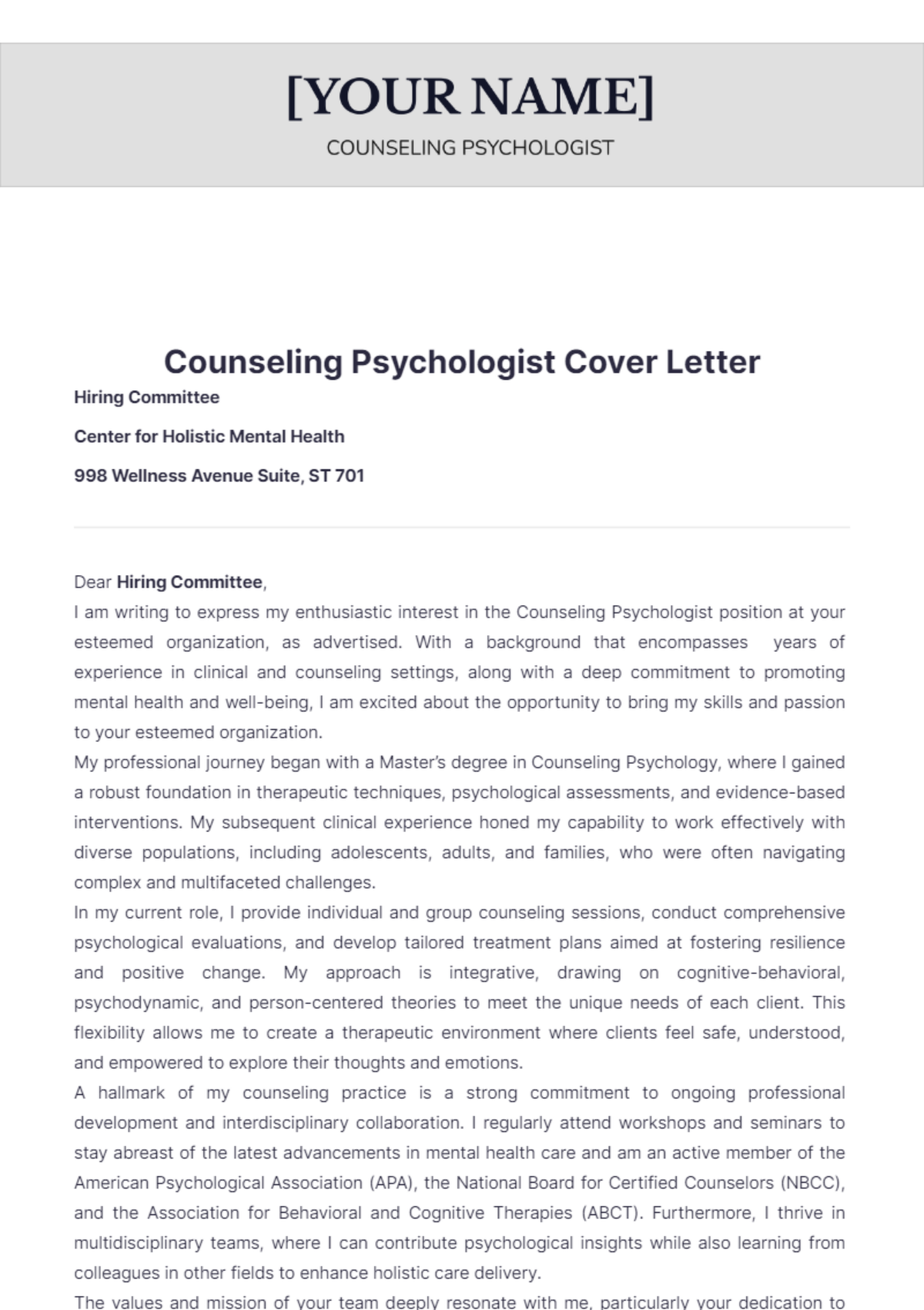 Counseling Psychologist Cover Letter - Edit Online & Download