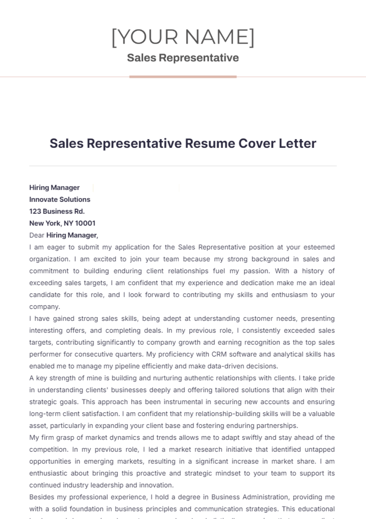 Sales Representative Resume Cover Letter - Edit Online & Download