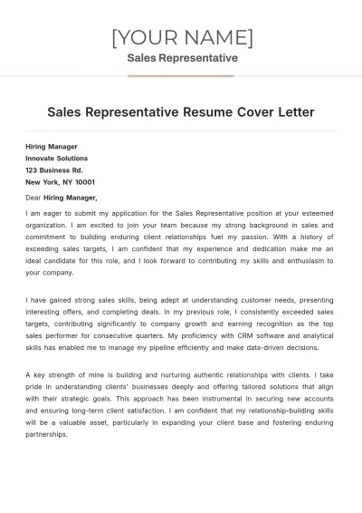 Free Sales Representative Resume Cover Letter to Edit Online