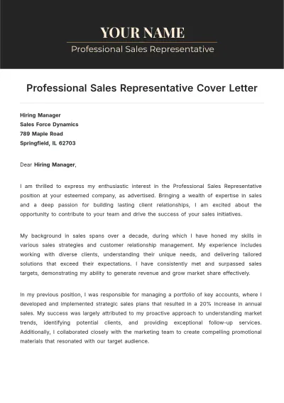 Free Professional Sales Representative Cover Letter to Edit Online