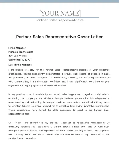 Free Partner Sales Representative Cover Letter to Edit Online