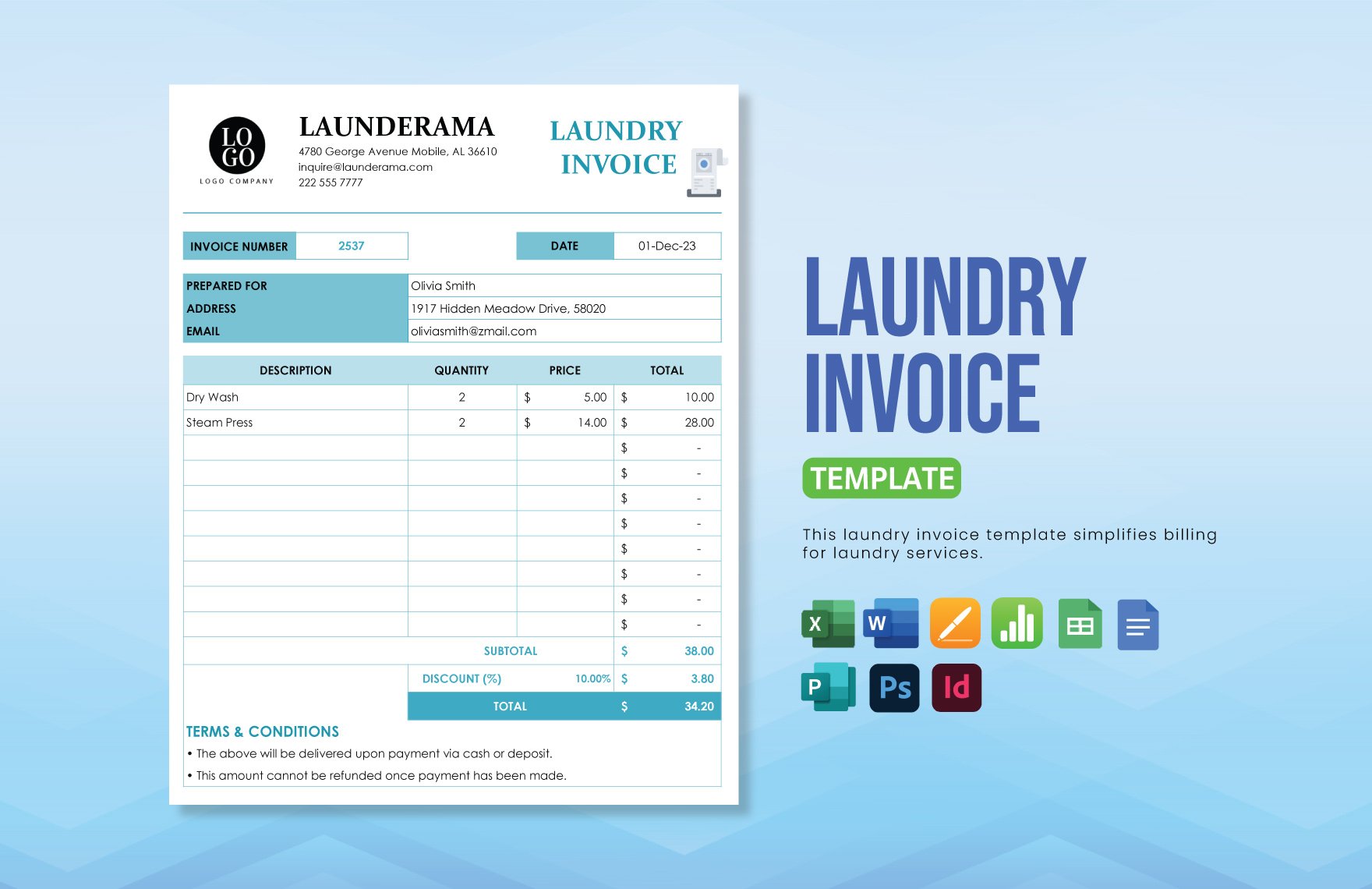 Laundry Invoice Template in Word, Google Docs, Excel, Google Sheets, Illustrator, Apple Pages, Publisher, InDesign, Apple Numbers