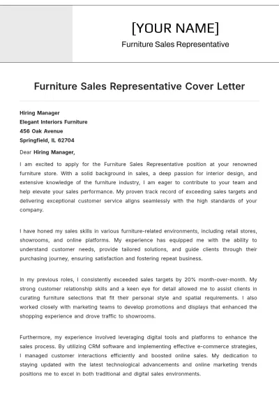 Free Furniture Sales Representative Cover Letter to Edit Online