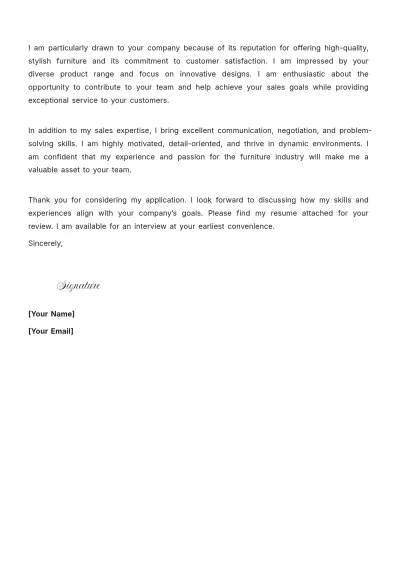 Free Furniture Sales Representative Cover Letter to Edit Online