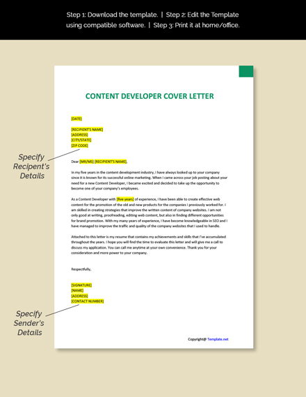 Content Developer Cover Letter Template - Google Docs, Word | Template.net