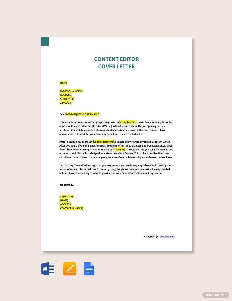 Content Editor Cover Letter